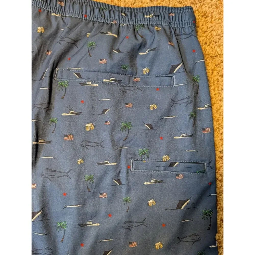 HUK Mens Charter Volley swim trunks/shorts, XXL; boat; Palm tree & Fish Pattern